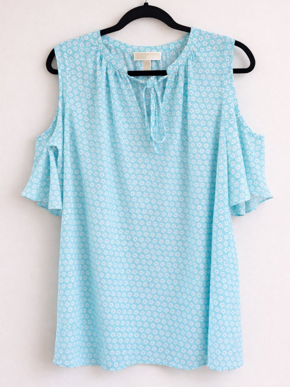Michael Kors Aqua Floral Geo Print Cold Shoulder Blouse Top L ***READ**